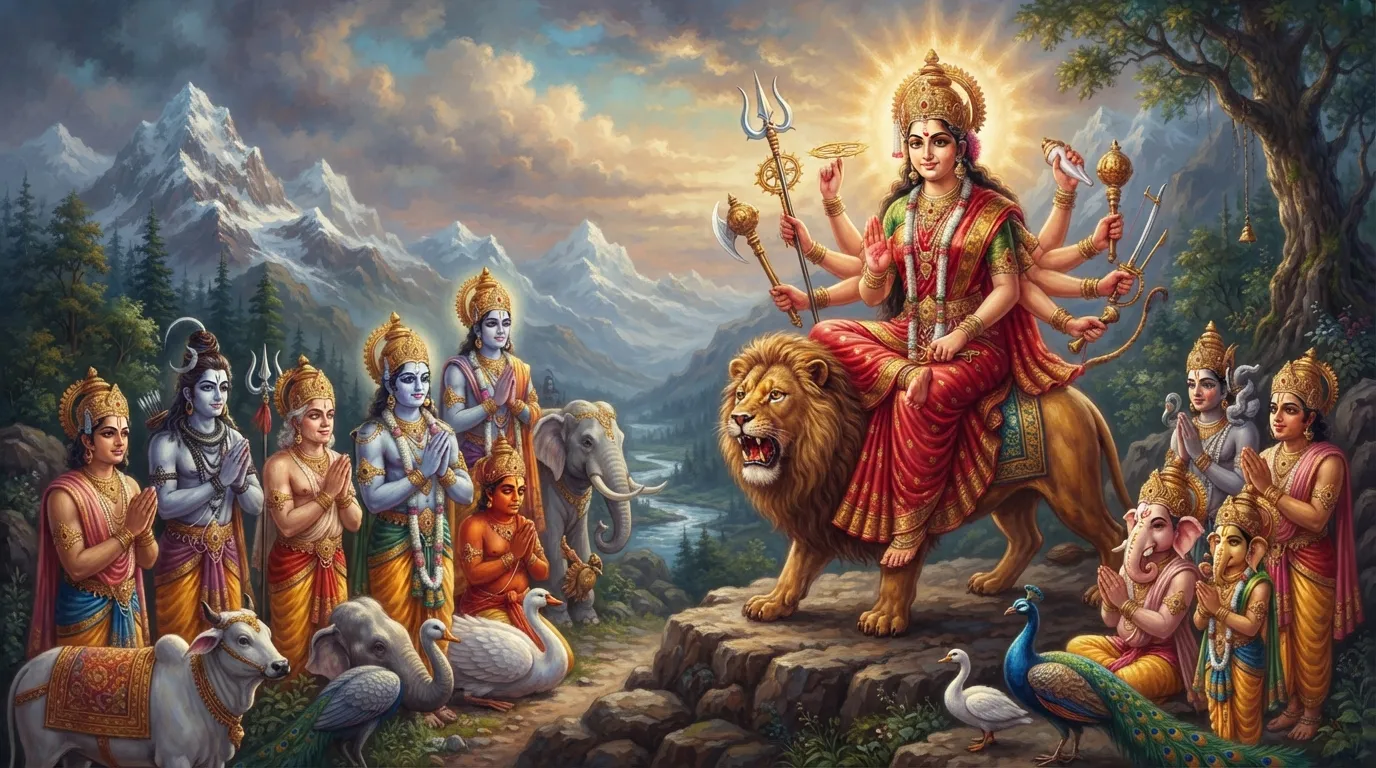 हिमालय की शांत वादियों में, सभी देवगण सहमे हुए माँ दुर्गा से प्रार्थना कर रहे हैं। माँ दुर्गा सिंह पर विराजमान हैं, उनके चेहरे पर करुणा के साथ एक दृढ़ निश्चय का भाव है और वे अभय मुद्रा में देवताओं को देख रही हैं।