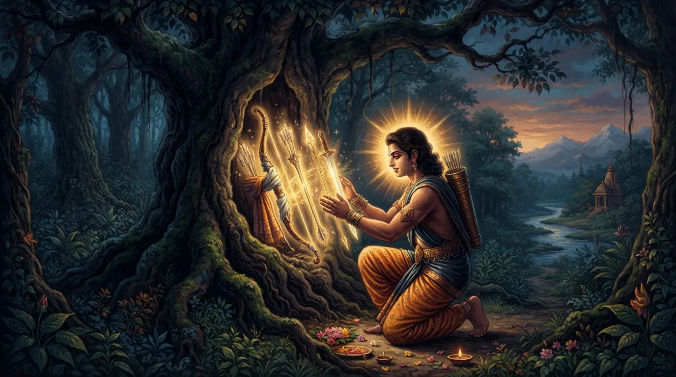 पांडव राजकुमार अर्जुन, एक योद्धा के वेश में, एक घने और पुराने शमी वृक्ष से दिव्य चमकते हुए अस्त्रों को उतार रहे हैं। उनके चेहरे पर संकल्प और सम्मान का भाव है।