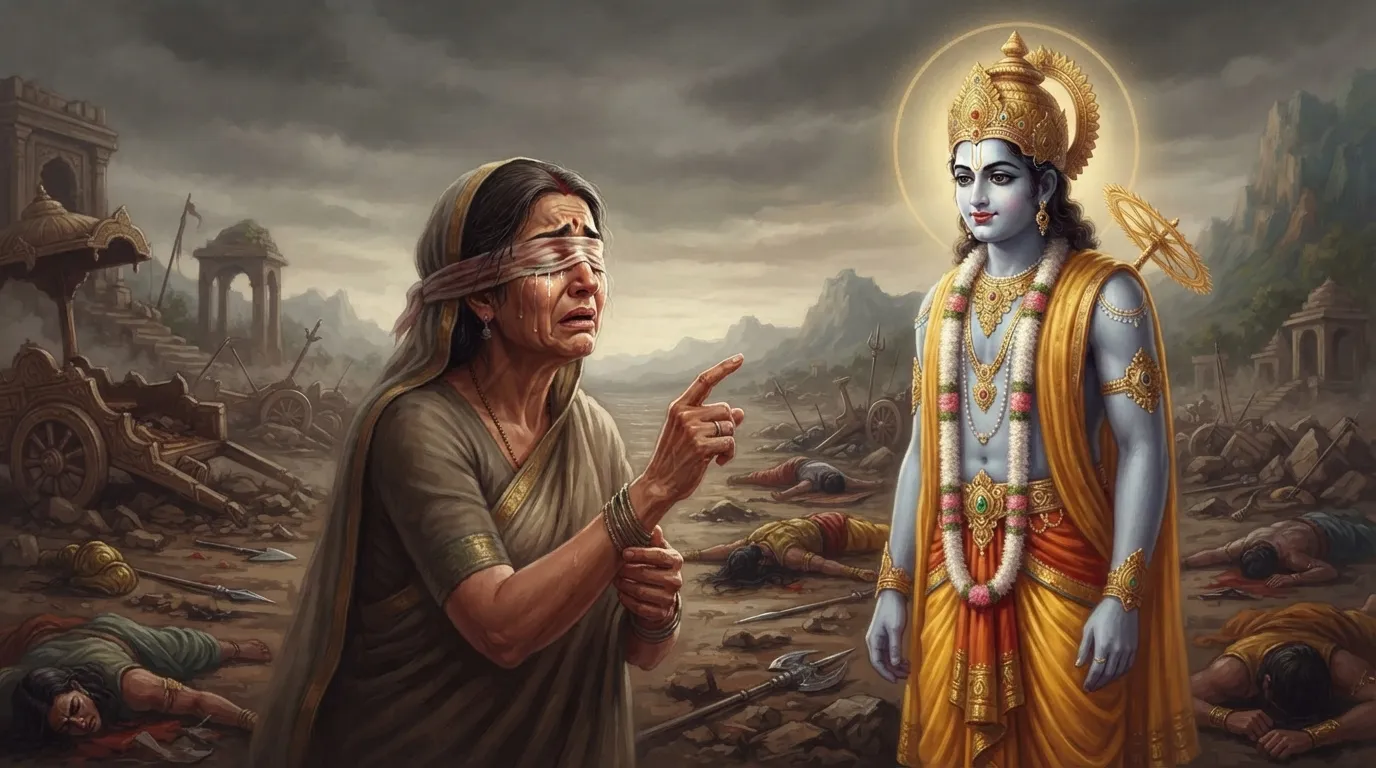 युद्ध के बाद कुरुक्षेत्र का विनाशकारी दृश्य। शोक में डूबी गांधारी, जिनकी आँखों पर बंधी पट्टी आँसुओं से भीग चुकी है, अपना काँपता हुआ हाथ उठाकर शांत और करुण भाव से खड़े भगवान कृष्ण की ओर इशारा कर रही हैं।