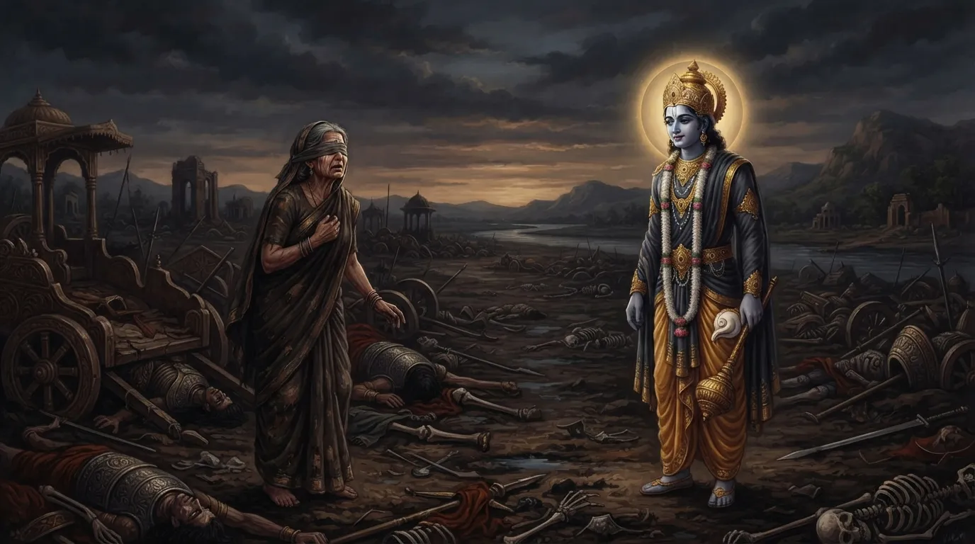 कुरुक्षेत्र के युद्ध के बाद का उजाड़ मैदान, जहाँ एक ओर शोकमग्न गांधारी खड़ी हैं और दूसरी ओर शांत और करुण भाव से भगवान कृष्ण उन्हें देख रहे हैं।
