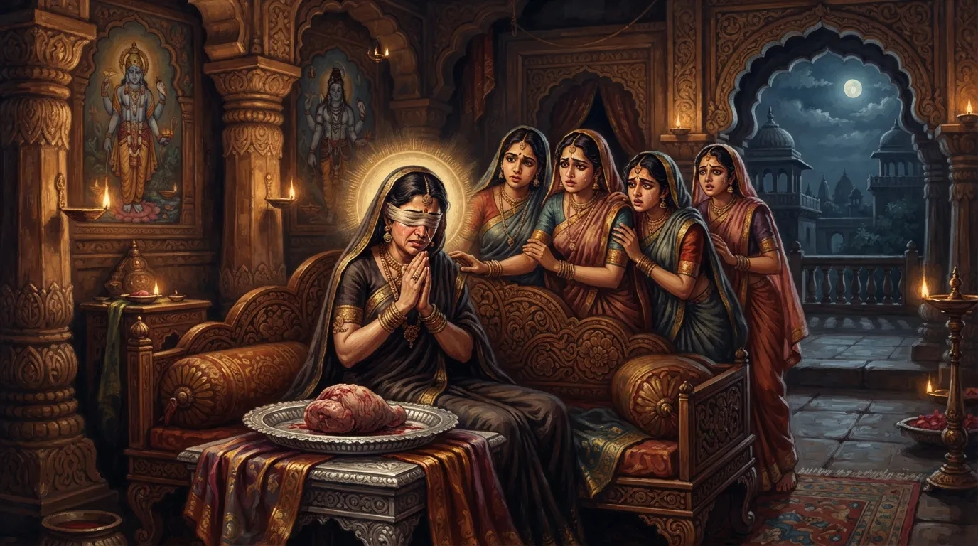 हताश और व्यथित रानी गांधारी अपने महल के कक्ष में, उनके सामने एक मांस का लोथड़ा रखा है, चारों ओर दासियाँ चिंतित खड़ी हैं