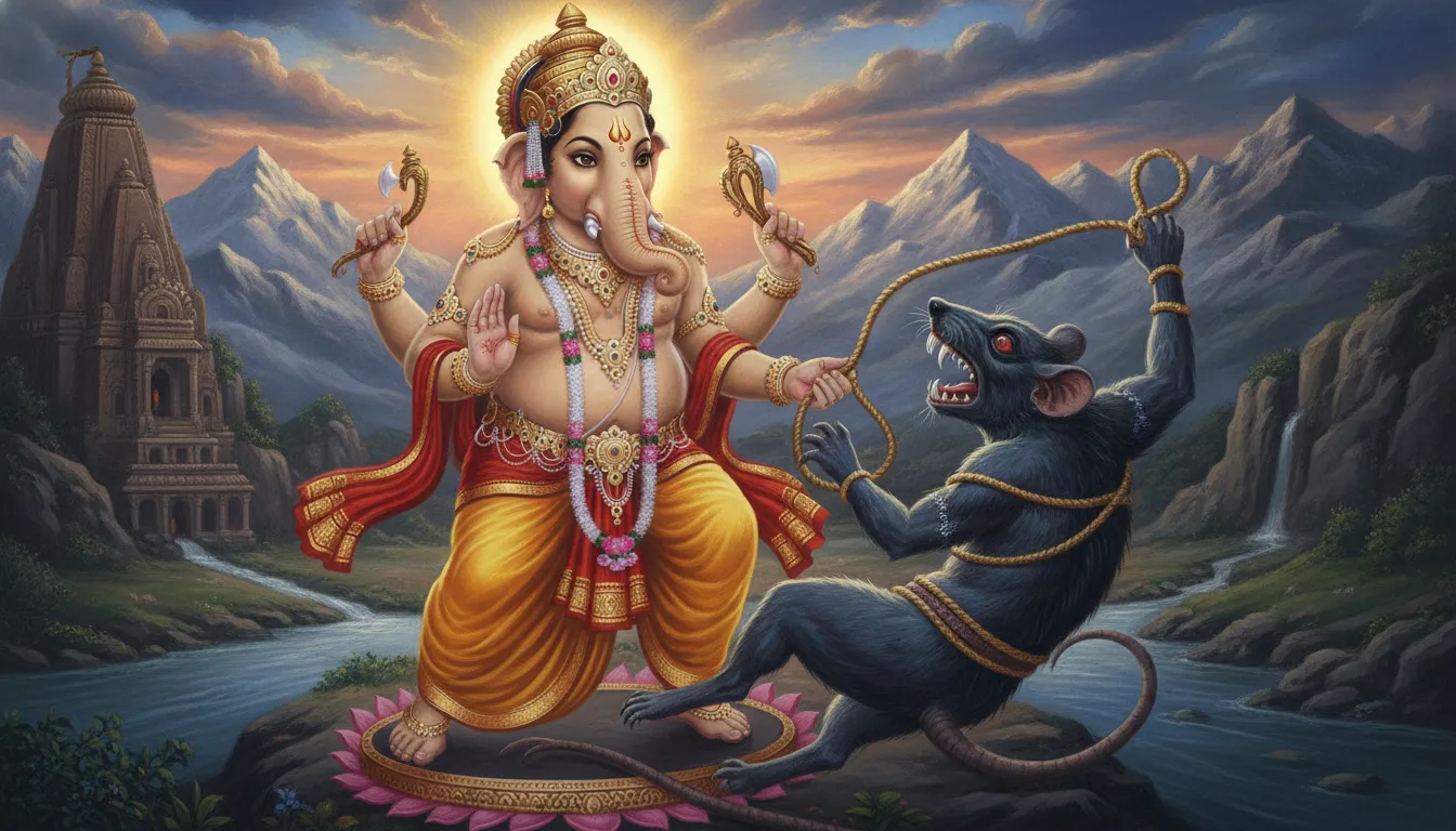 भगवान गणेश अपने पाश (फंदे) से एक विशालकाय राक्षस को पकड़ रहे हैं, जो चूहे का रूप ले चुका है। दृश्य में तनाव और गणेश जी की दिव्य शक्ति का अनुभव हो रहा है।