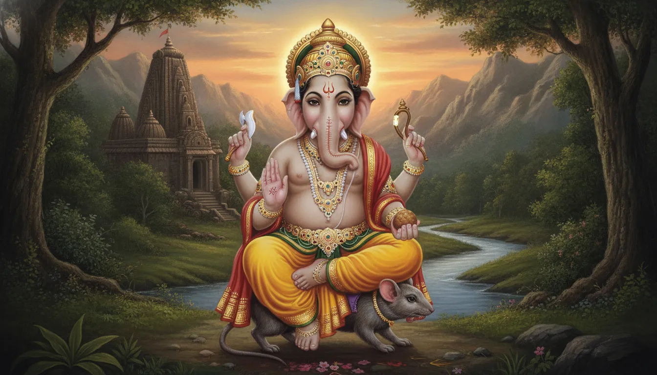 भगवान गणेश शांत और प्रेमपूर्ण भाव से एक छोटे से चूहे पर बैठे हैं। चूहा भी बिना किसी भार के, भक्ति भाव से उन्हें धारण किए हुए है। दोनों के बीच एक सुंदर संतुलन और सामंजस्य दिख रहा है।