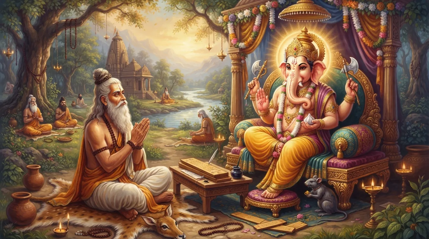 महर्षि वेद व्यास हाथ जोड़कर भगवान गणेश से महाभारत लिखने का अनुरोध कर रहे हैं। गणेश जी अपने आसन पर बैठे हैं, मुस्कुरा रहे हैं और एक हाथ आशीर्वाद की मुद्रा में है। आश्रम का शांत वातावरण है।