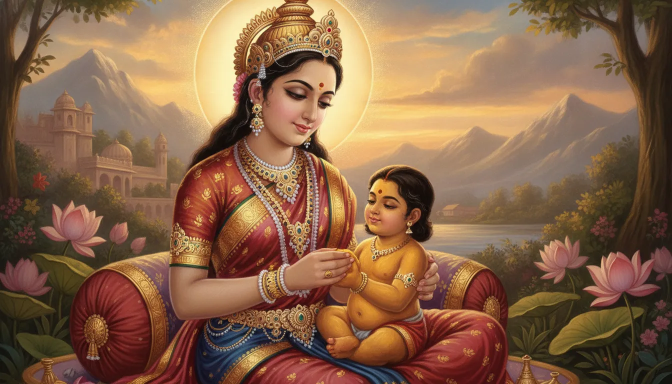 देवी पार्वती अपने शरीर से चंदन और हल्दी का मिश्रण कर एक छोटे बालक की सुंदर आकृति बना रही हैं, उनके चेहरे पर वात्सल्य और प्रेम का भाव है।