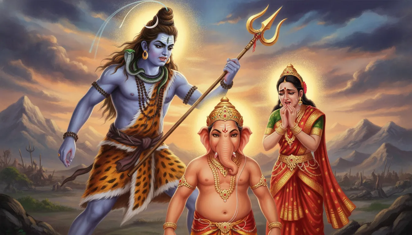 क्रोधित भगवान शिव अपने त्रिशूल से गणेश जी का मस्तक काट रहे हैं, गणेश जी दृढ़ता से खड़े हैं और पीछे माता पार्वती यह दृश्य देखकर विलाप कर रही हैं।