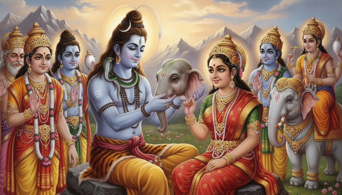 भगवान शिव गणेश जी के धड़ पर हाथी का मस्तक जोड़ रहे हैं, माता पार्वती और अन्य देवता प्रसन्नता से उन्हें देख रहे हैं।