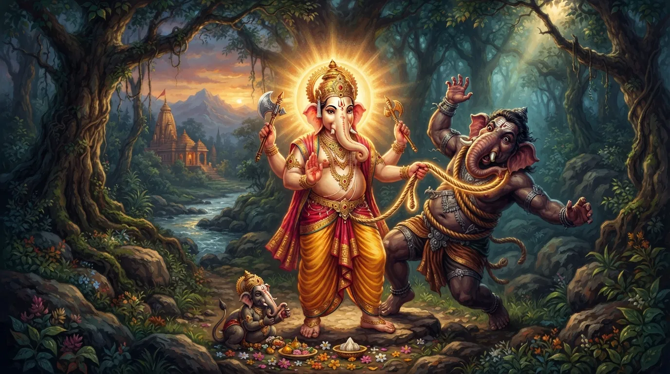 भगवान गणेश अपने पाश (फंदे) से विशालकाय असुर गजमुखासुर को बांधते हुए, असुर का चेहरा भयभीत है और गणेश जी शांत और शक्तिशाली दिख रहे हैं।