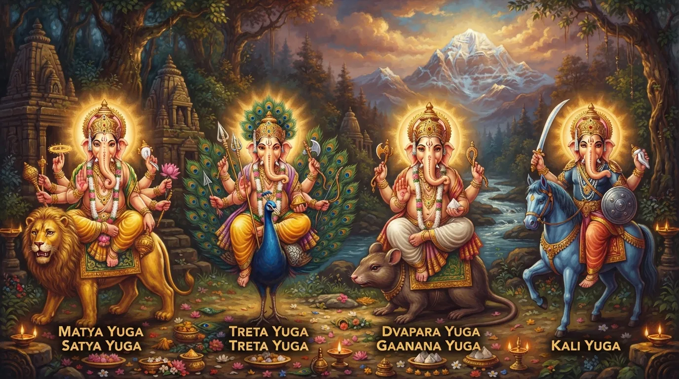 गणेश जी के चार युगों के अवतारों का एक कलात्मक चित्रण, जिसमें महोत्कट, मयूरेश्वर, गजानन और धूम्रकेतु को उनके वाहनों और अस्त्रों के साथ दिखाया गया है।