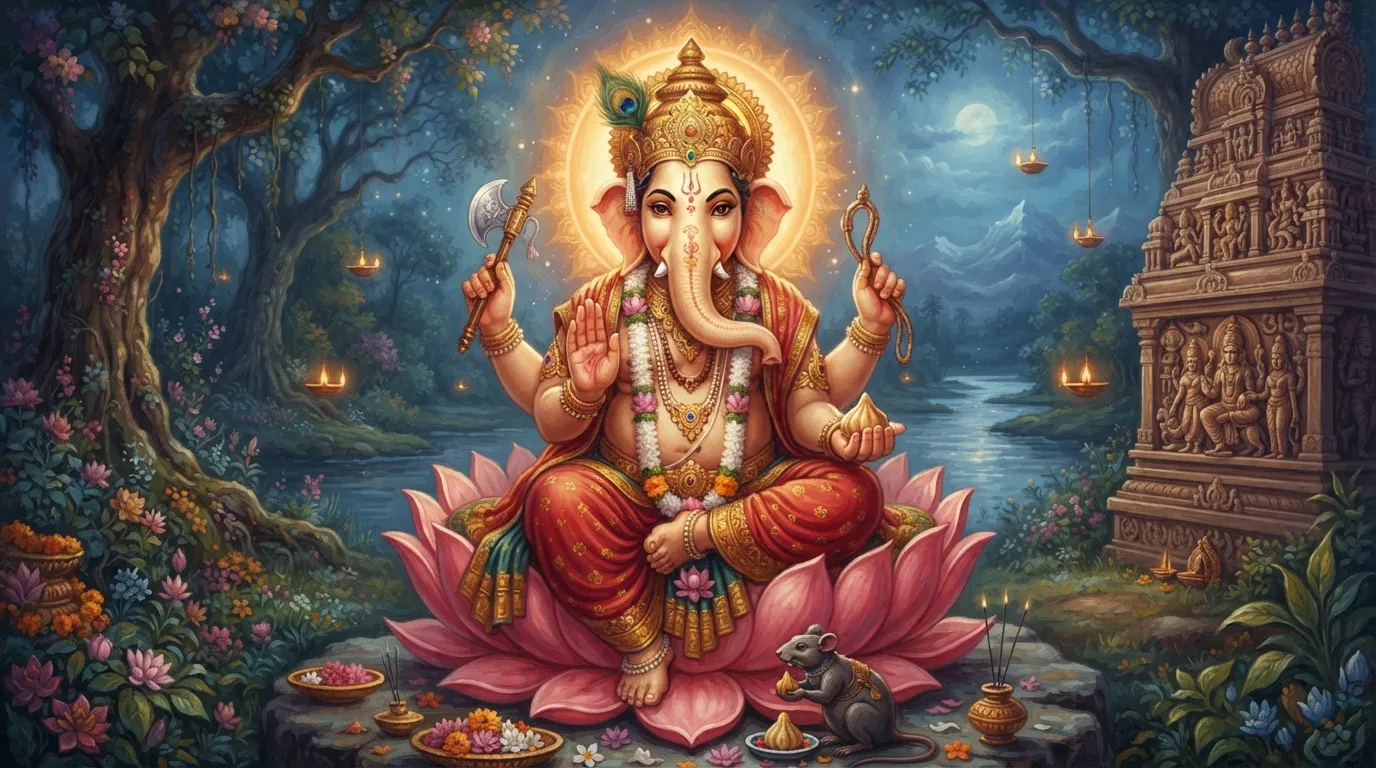भगवान गणेश की एक शांत और सौम्य मूर्ति, जो कमल पर विराजमान हैं। उनका एक हाथ आशीर्वाद मुद्रा में है और चेहरे पर एक हल्की, ज्ञानभरी मुस्कान है।