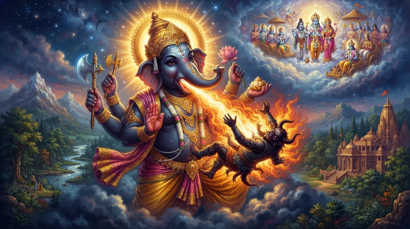 भगवान गणेश अपने विराट रूप में, जिनका शरीर आकाश को छू रहा है, और वे अपने विशाल मुख से आग उगलते हुए अनलासुर नामक असुर को निगल रहे हैं। देवतागण आकाश से यह अद्भुत दृश्य देख रहे हैं।