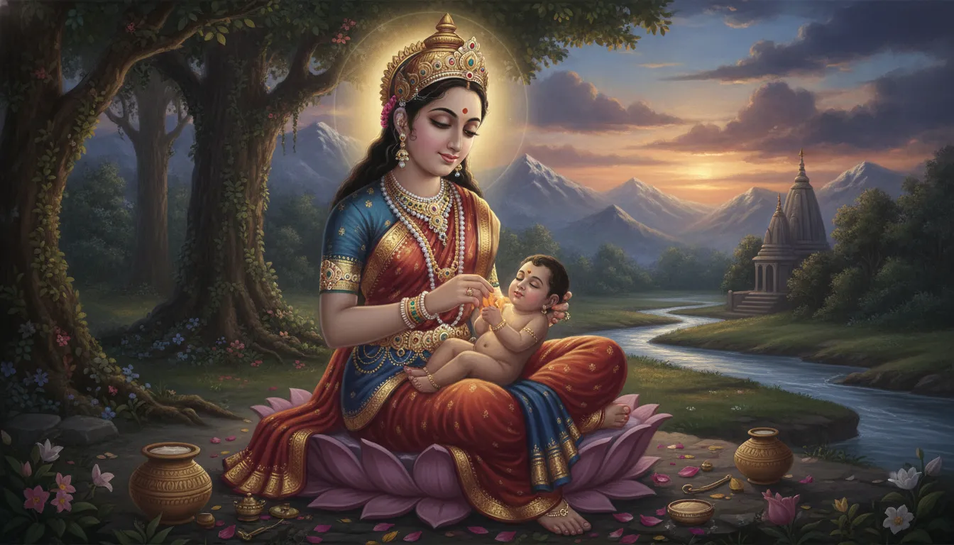 माता पार्वती अपने हाथों से मिट्टी और चंदन से एक बालक की प्रतिमा बना रही हैं, जिसमें दिव्यता का आभास हो रहा है।
