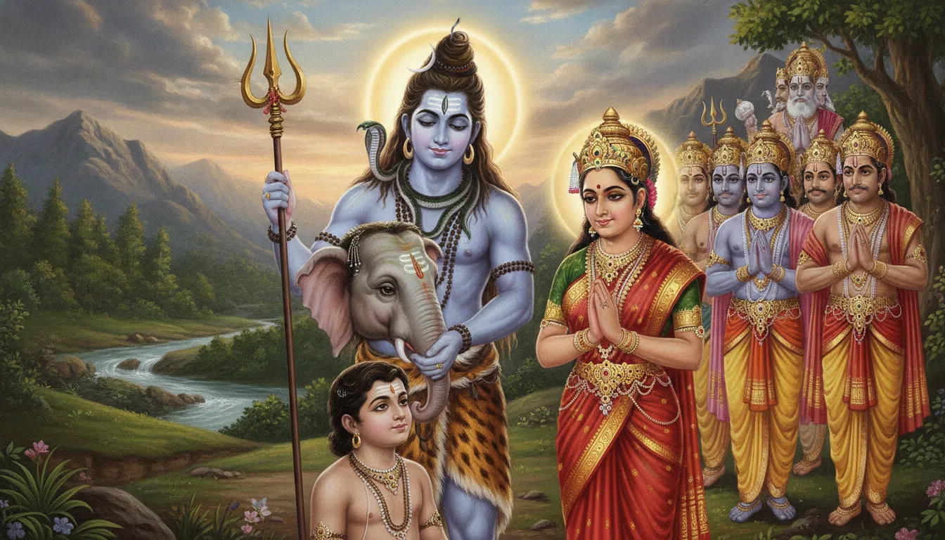 भगवान शिव हाथी के कटे हुए मस्तक को बालक गणेश के धड़ से जोड़ रहे हैं, और माता पार्वती, अन्य देवताओं के साथ, इस चमत्कारिक घटना को श्रद्धापूर्वक देख रही हैं।