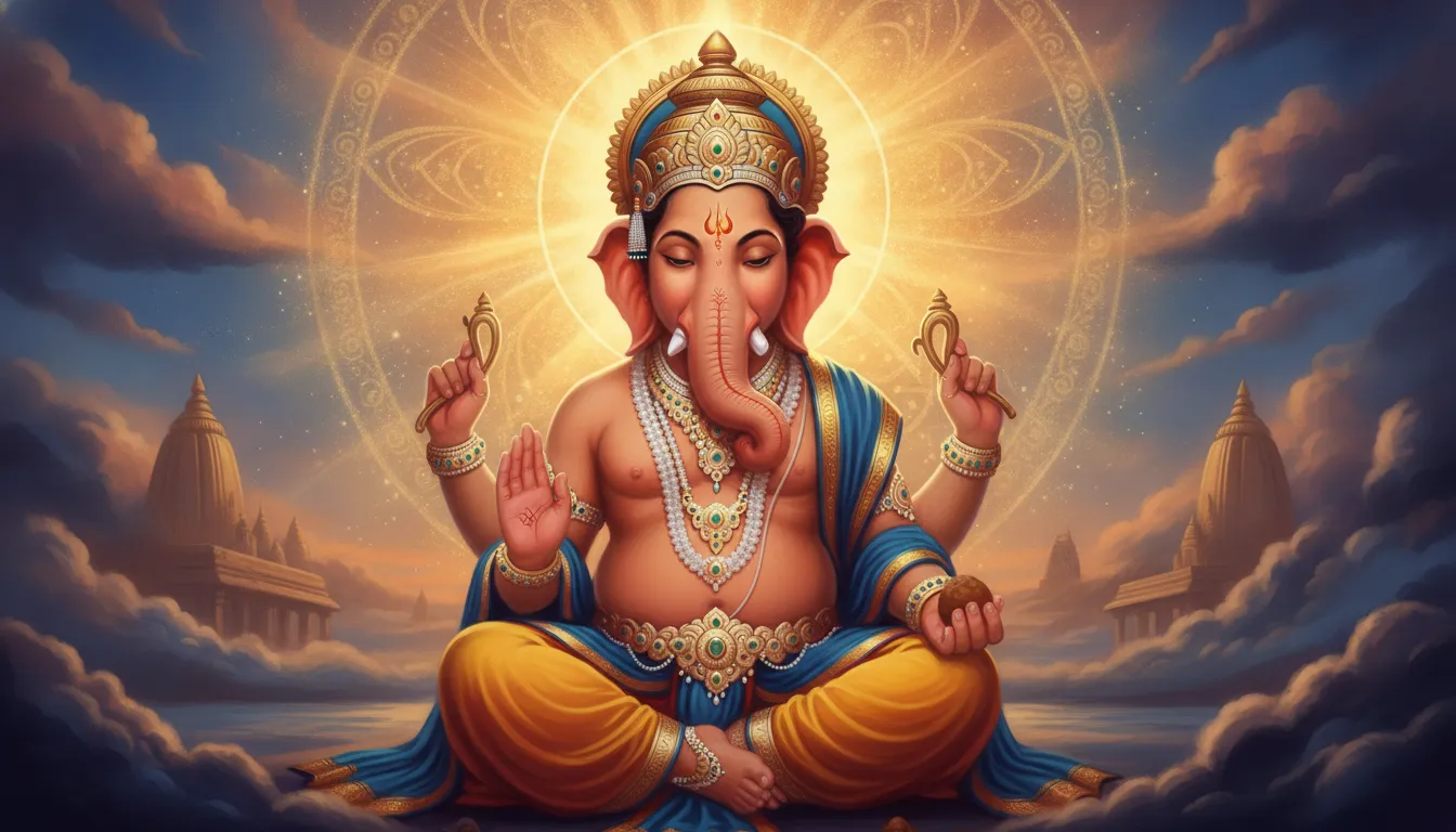 भगवान गणेश अपने हाथी के मस्तक के साथ ध्यान मुद्रा में बैठे हैं, उनके पीछे दिव्य प्रकाश है जो उनकी बुद्धिमत्ता और शक्ति को दर्शाता है।