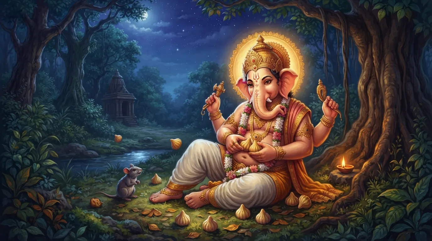 भगवान गणेश अपने वाहन मूषक पर से गिर गए हैं, उनके पेट से मोदक बिखर गए हैं, और वे उन्हें वापस अपने पेट में रखने की कोशिश कर रहे हैं। रात का शांत दृश्य है।