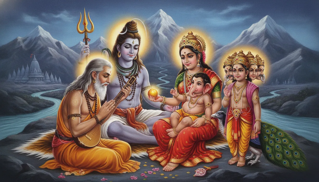 देवर्षि नारद कैलाश पर्वत पर शिव, पार्वती, बाल गणेश और बाल कार्तिकेय को एक दिव्य सुनहरा फल भेंट कर रहे हैं। दृश्य शांत और भक्तिपूर्ण है।