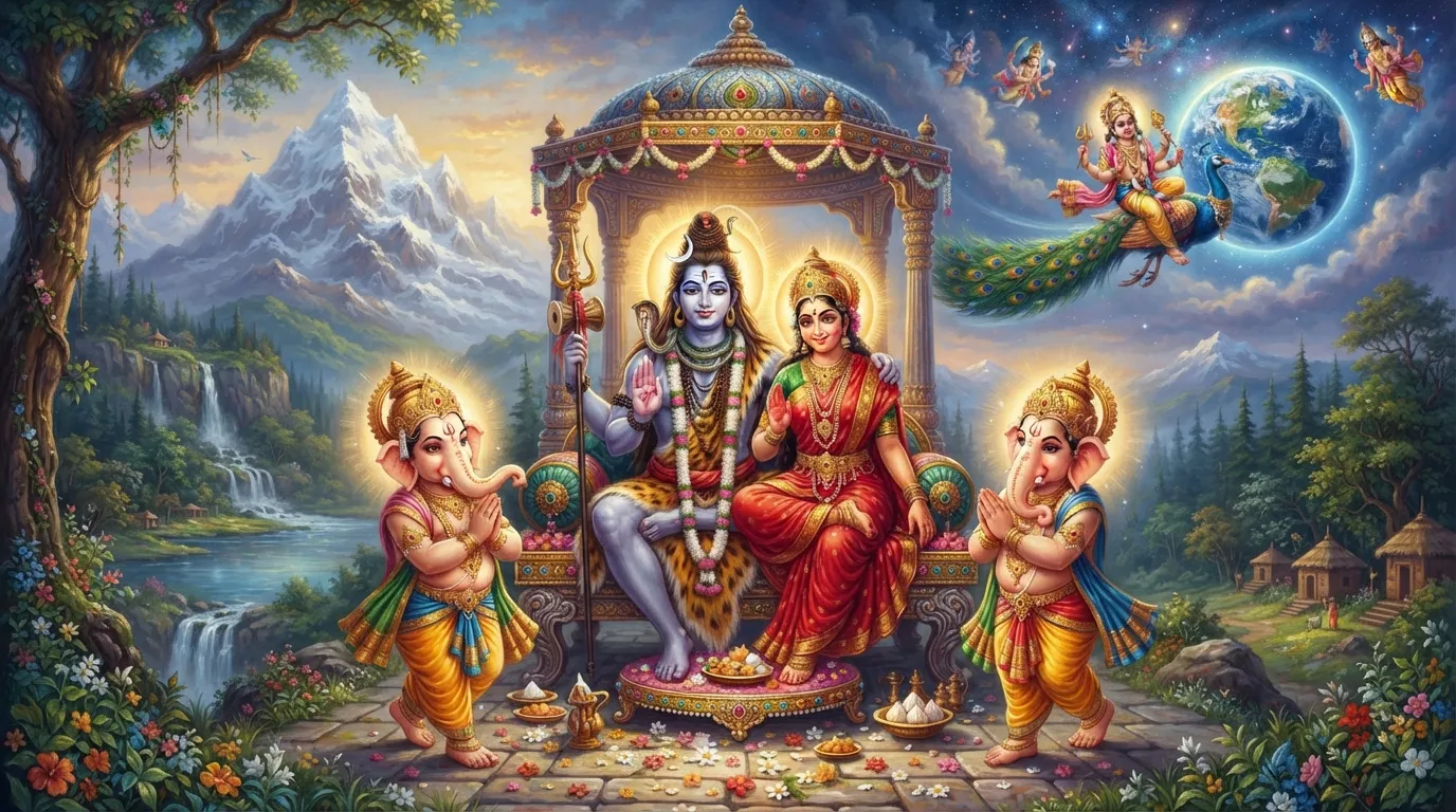 गणेश जी अपने माता-पिता, शिव और पार्वती की परिक्रमा कर रहे हैं, जो कैलाश पर प्रसन्न मुद्रा में बैठे हैं। कार्तिकेय पृष्ठभूमि में अपने मोर पर दुनिया का चक्कर लगाते दिख रहे हैं।
