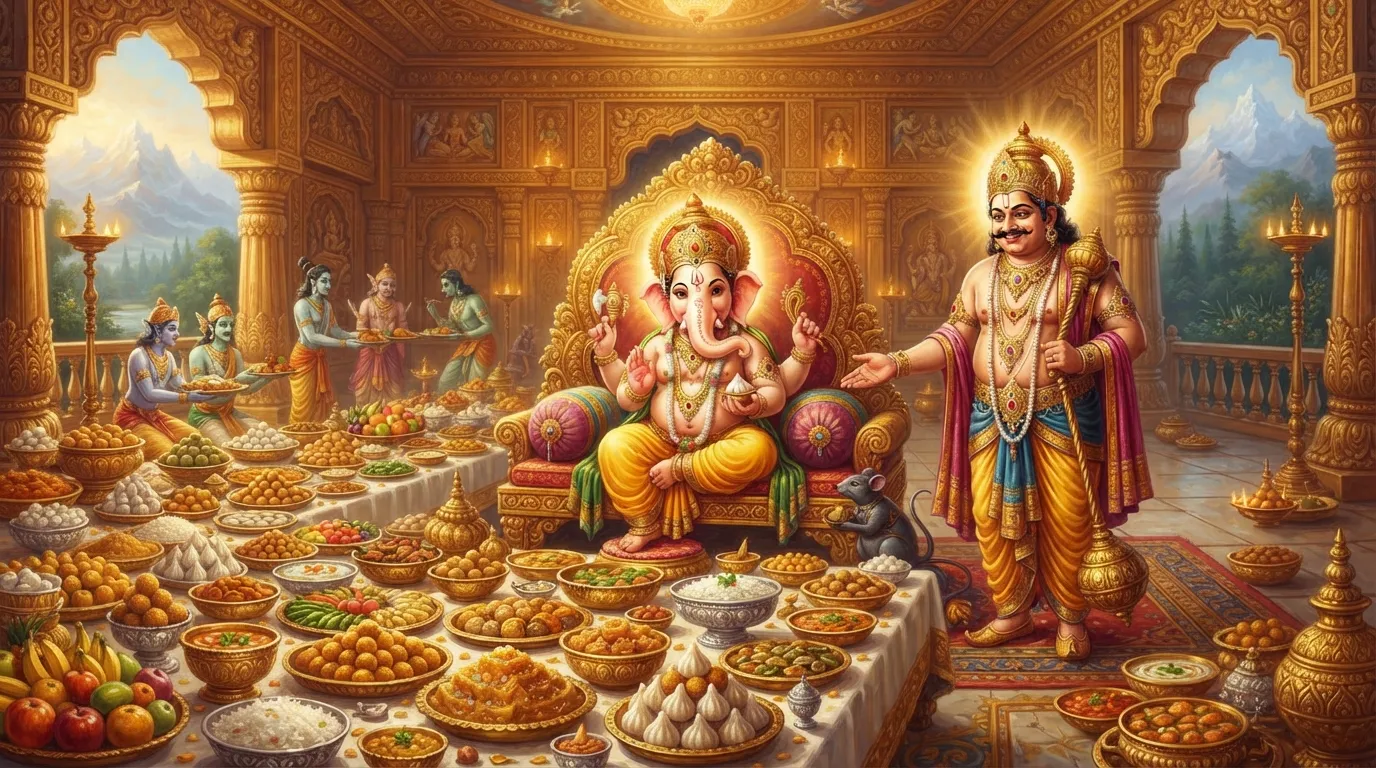 कुबेर के स्वर्ण महल का एक विशाल भोजन कक्ष, जो स्वादिष्ट व्यंजनों के पहाड़ों से भरा है। बीच में एक बड़े आसन पर बाल गणेश बैठे हैं, जो इस भव्यता की तुलना में छोटे दिख रहे हैं, जबकि पास में कुबेर गर्व से खड़े होकर अपनी व्यवस्था देख रहे हैं।