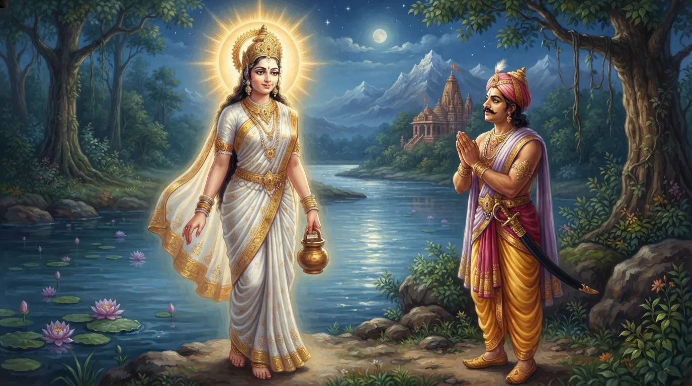 हस्तिनापुर के राजा शांतनु गंगा नदी के किनारे देवी गंगा के दिव्य और शांत रूप को देखकर मोहित हो गए हैं। गंगा श्वेत वस्त्रों में हैं और उनके चेहरे पर एक रहस्यमयी मुस्कान है।