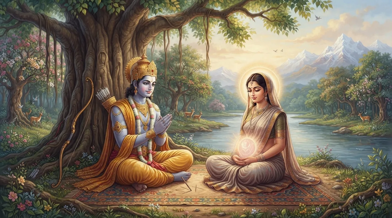 महाभारत का एक शांत दृश्य, जहाँ अर्जुन अपनी गर्भवती पत्नी सुभद्रा को एक वृक्ष के नीचे बैठकर चक्रव्यूह का ज्ञान दे रहे हैं। सुभद्रा का चेहरा ध्यानमग्न है और गर्भ पर एक हल्का तेज दिखाई दे रहा है।