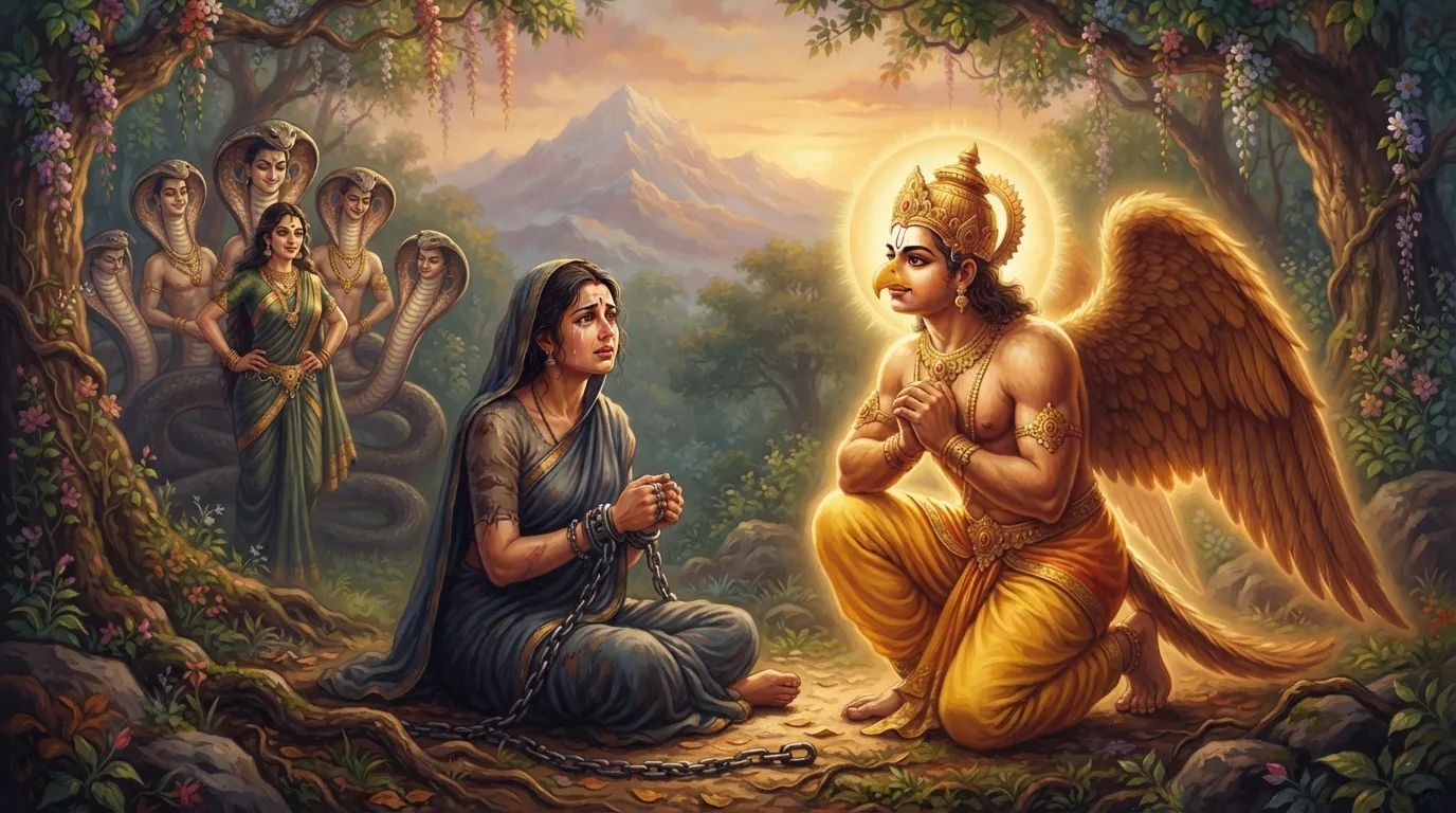 एक शक्तिशाली और युवा गरुड़, जिनका शरीर सुनहरी आभा से दमक रहा है, अपनी रोती हुई माँ विनता के सामने घुटनों पर बैठे हैं। विनता के हाथों में दासता की প্রতীকী जंजीरें हैं और पीछे कद्रू और नाग पुत्र घमंड से मुस्कुरा रहे हैं।