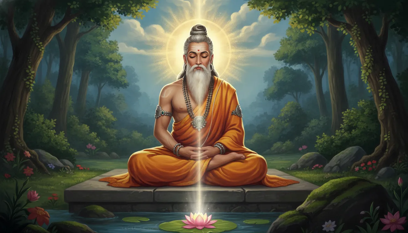 एक प्राचीन ऋषि, संभवतः विश्वामित्र, गहरे ध्यान में बैठे हुए, उनके सामने एक दिव्य प्रकाश की किरण जो आकाश से आ रही है और एक कमल पर गिर रही है। आसपास शांत और प्राकृतिक वन का दृश्य हो।