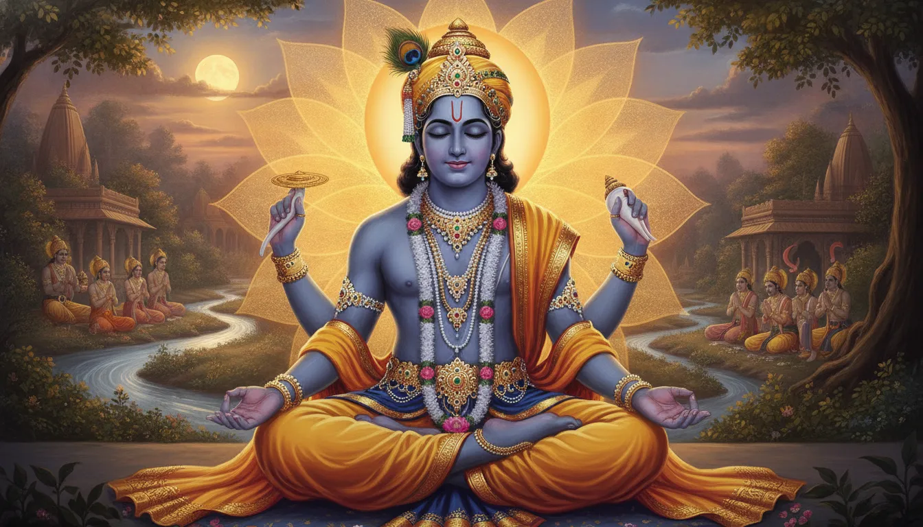एक व्यक्ति पद्मासन में बैठकर ध्यान मुद्रा में आँखें बंद किए हुए मंत्र जाप कर रहा है। उसके चेहरे पर शांति और हल्की मुस्कान हो। उसके आसपास एक हल्की सुनहरी आभा हो जो सकारात्मक ऊर्जा को दर्शाए।