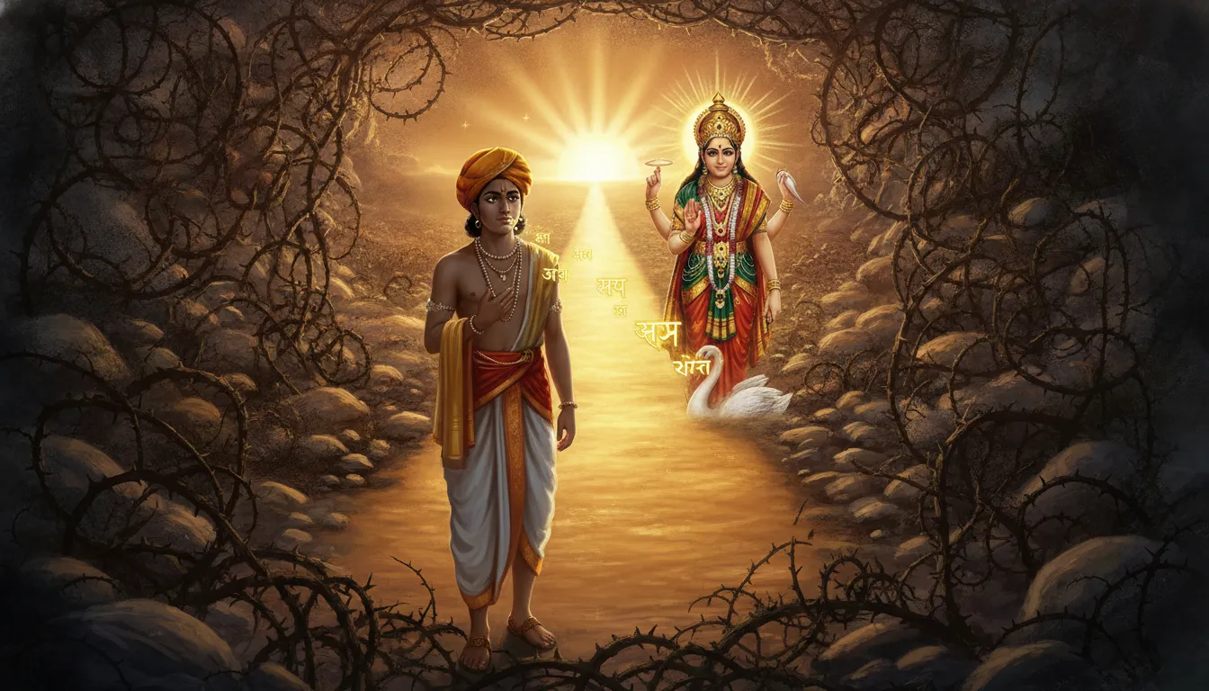 एक व्यक्ति उलझन भरी राहों पर खड़ा है, फिर गायत्री मंत्र जाप करते हुए उसे एक स्पष्ट और सीधी रोशनी वाली राह दिखती है। यह दृश्य जीवन की दिशा बदलने को प्रतीकात्मक रूप से दर्शाए।
