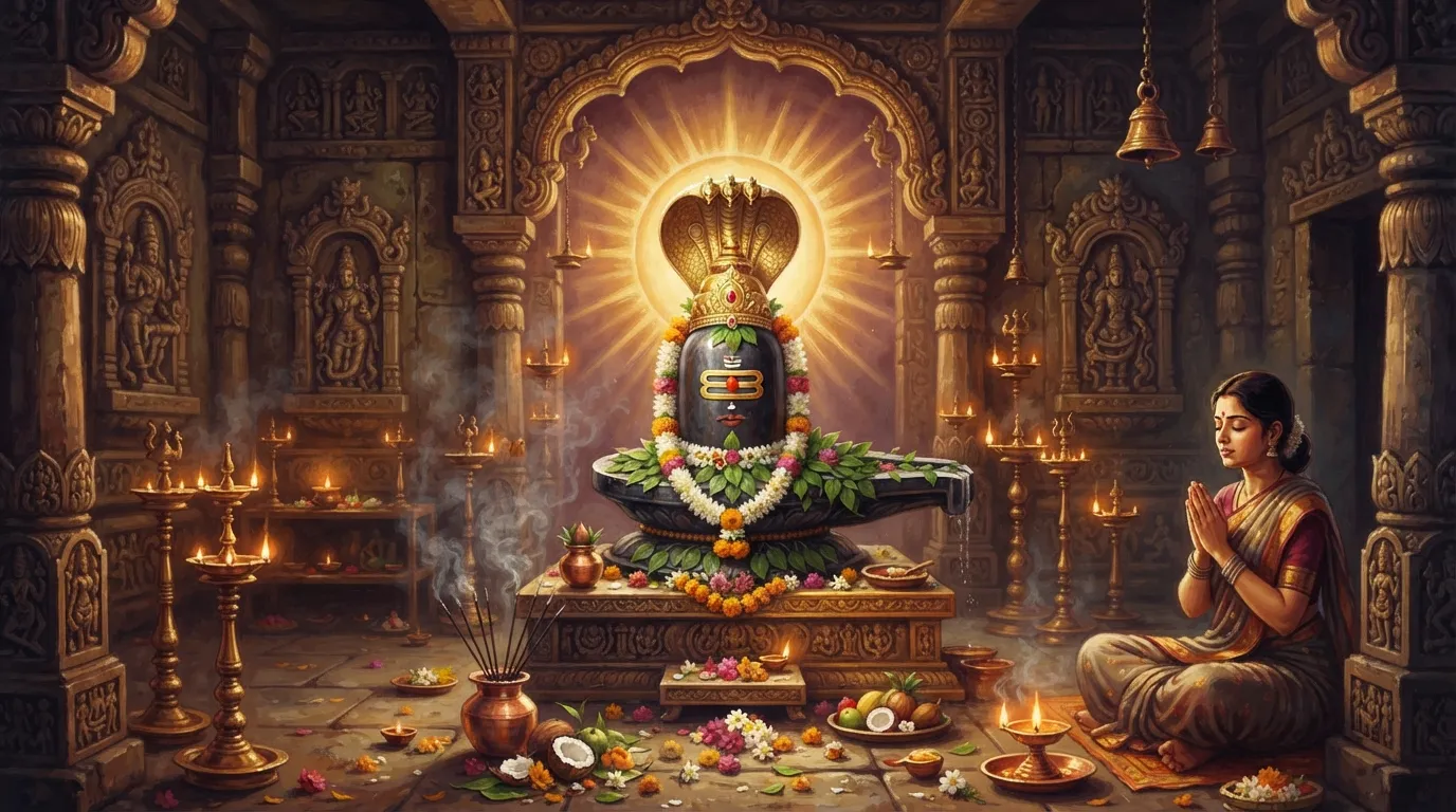एक प्राचीन मंदिर का गर्भगृह, जहाँ ज्योतिर्लिंग या किसी देवता की सुंदर मूर्ति स्थापित है। चारों ओर दीयों का हल्का प्रकाश है और हवा में धूप की सुगंध फैली हुई है।