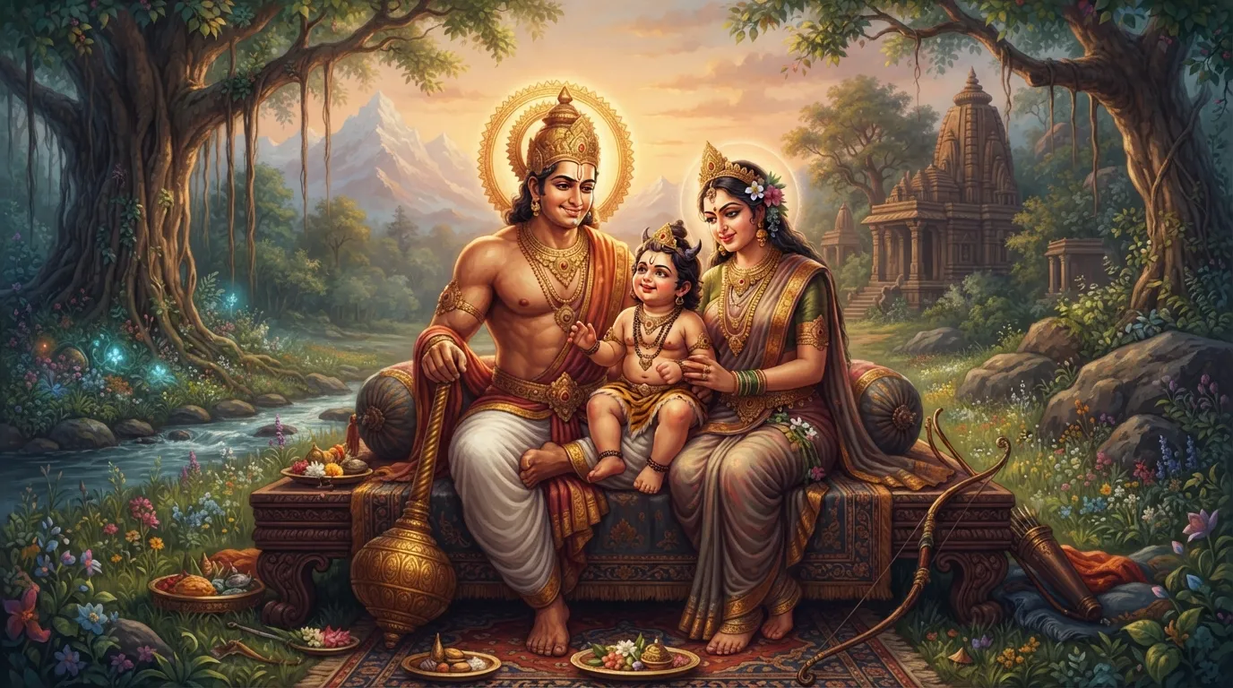 वन के शांत वातावरण में, बलशाली भीम अपनी राक्षस पत्नी हिडिम्बा और अपने पुत्र, युवा घटोत्कच के साथ बैठे हैं। दृश्य में प्रेम और पारिवारिक स्नेह का भाव है।