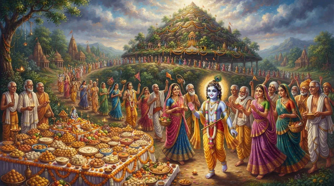 ब्रजवासी खुशी-खुशी गोवर्धन पर्वत की परिक्रमा कर रहे हैं, बाल कृष्ण उनके साथ मुस्कुराते हुए चल रहे हैं, और पर्वत के आगे अन्नकूट का विशाल भोग लगा हुआ है।