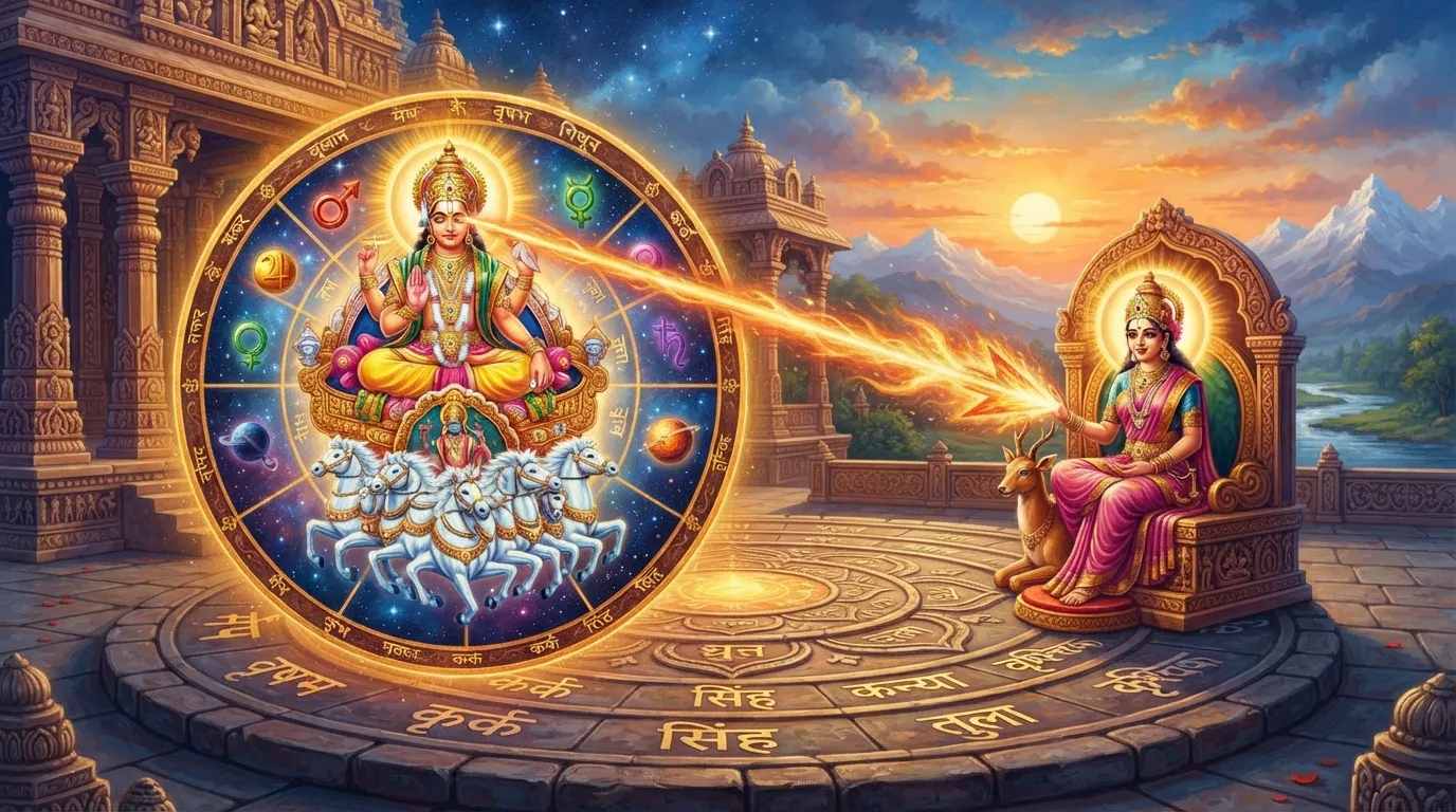 एक ज्योतिष कुंडली का चक्र जिसमें एक ग्रह (जैसे सूर्य) से सातवें घर की ओर एक सीधी दृष्टि का तीर दिखाया गया है, जो ऊर्जा के सीधे प्रवाह का प्रतीक है।