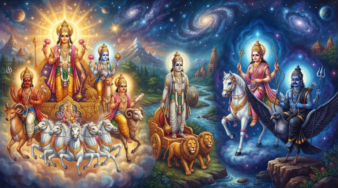 एक सुंदर ब्रह्मांडीय पृष्ठभूमि में ग्रहों के दो समूह दिखाए गए हैं। एक तरफ सूर्य, चंद्रमा, मंगल और बृहस्पति सुनहरी दिव्य रोशनी में चमक रहे हैं। दूसरी तरफ शुक्र और शनि थोड़ी गहरी, रहस्यमयी नीली आभा में हैं। बीच में बुध ग्रह दोनों की ओर देखते हुए तटस्थ खड़ा है।