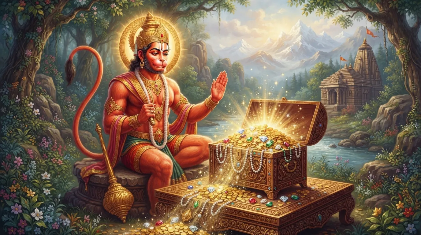 एक दिव्य संदूक जिसमें से नवनिधियों का प्रतीक, चमकते हुए रत्न और सोने के सिक्के निकल रहे हैं, जो समृद्धि का प्रतीक है।