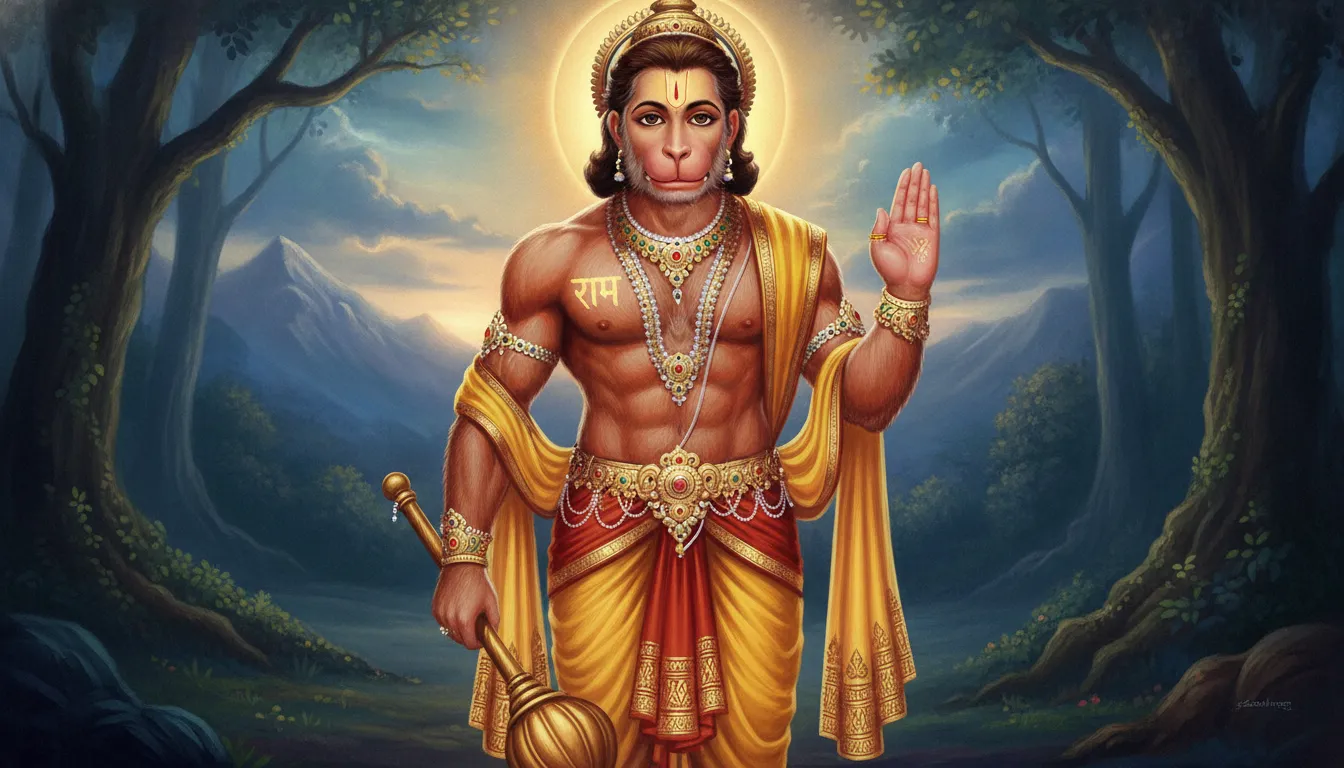 एक शक्तिशाली, शांत मुद्रा में भगवान हनुमान, उनके एक हाथ में गदा और दूसरा आशीर्वाद मुद्रा में है। उनकी पीठ पर राम नाम अंकित है और पीछे हल्का दिव्य प्रकाश है।