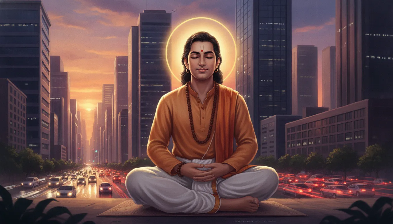 एक आधुनिक शहर के बीचों-बीच, एक शांत और ध्यानमग्न व्यक्ति हनुमान चालीसा का पाठ कर रहा है, उसके चेहरे पर शांति और विश्वास का भाव है। पृष्ठभूमि में ऊंची इमारतें और हल्का ट्रैफिक दिख रहा है, जो आधुनिक जीवन को दर्शाता है।