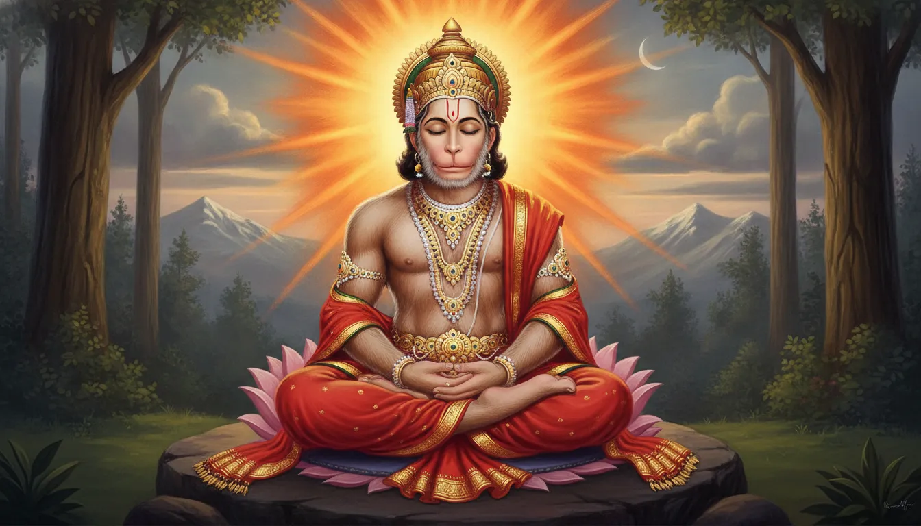 हनुमान जी शांत मुद्रा में ध्यान करते हुए बैठे हैं, उनके पीछे एक दिव्य आभा है, जो उनकी शक्ति और ब्रह्मचर्य को दर्शाती है।