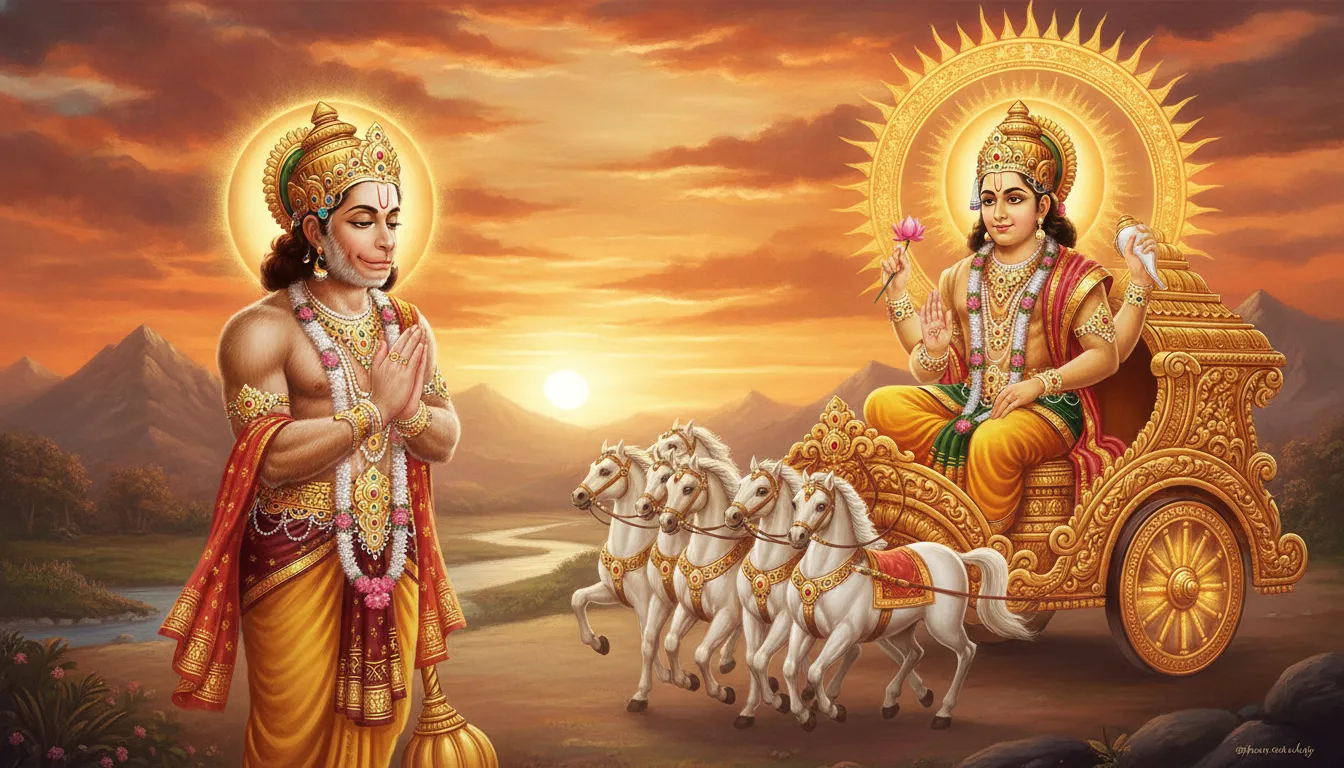 हनुमान जी एक तेजस्वी सूर्य देव के सामने हाथ जोड़कर विनम्रता से खड़े हैं, सूर्य देव अपने दिव्य रथ पर विराजमान होकर उन्हें उपदेश दे रहे हैं।