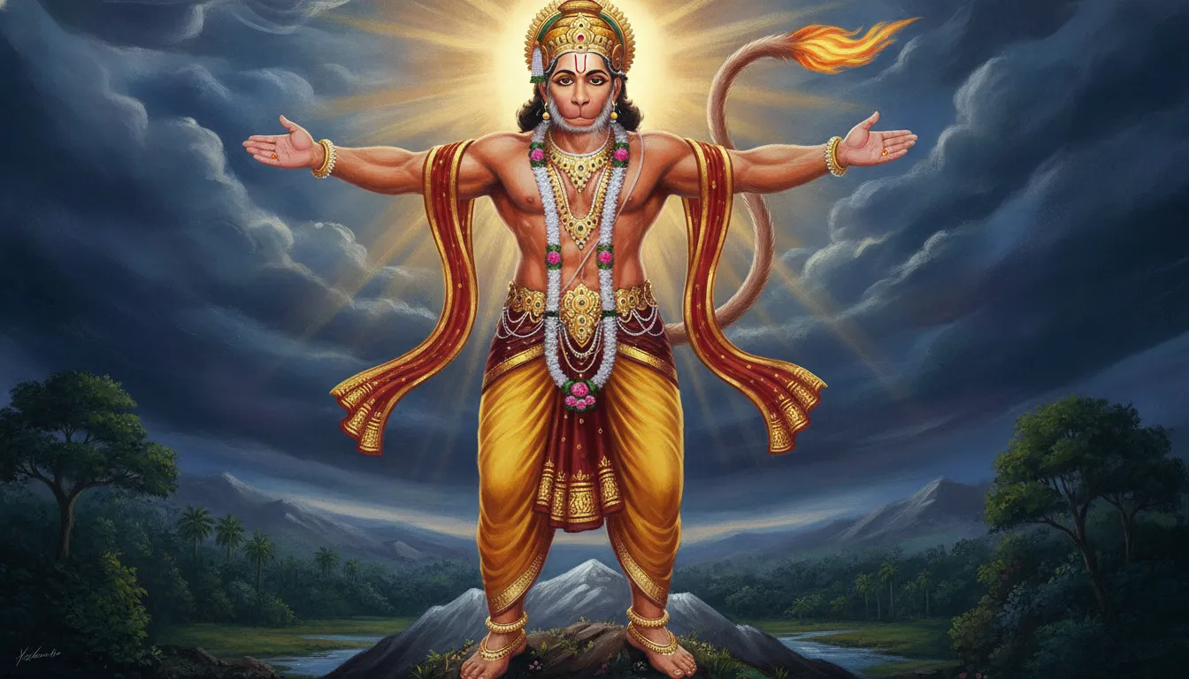 हनुमान जी अपनी भुजाओं को फैलाए हुए, एक विशाल और शक्तिशाली रूप में दिखाई दे रहे हैं, जो उनकी अदम्य शक्ति और ज्ञान की इच्छा को दर्शाता है।