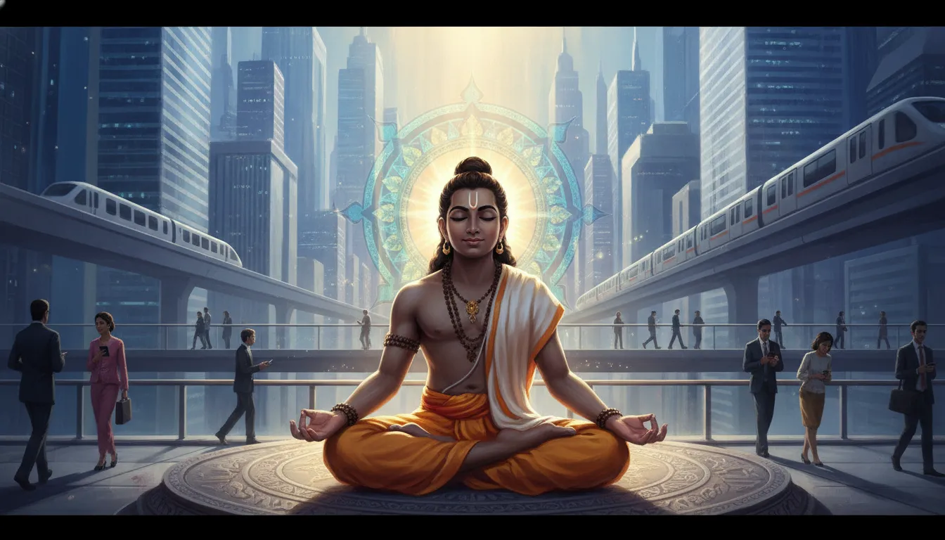 एक मॉडर्न शहर का दृश्य, जहां लोग अपने काम में व्यस्त हैं, और एक व्यक्ति शांत भाव से योग कर रहा है, जो आंतरिक शांति और बाहरी दुनिया के बीच संतुलन दिखाता है।