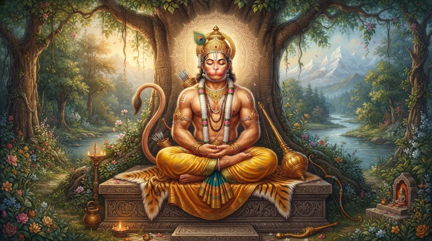पवनपुत्र हनुमान जी शांत और शक्तिशाली मुद्रा में बैठे हुए, उनके चेहरे पर ज्ञान और भक्ति का भाव है।