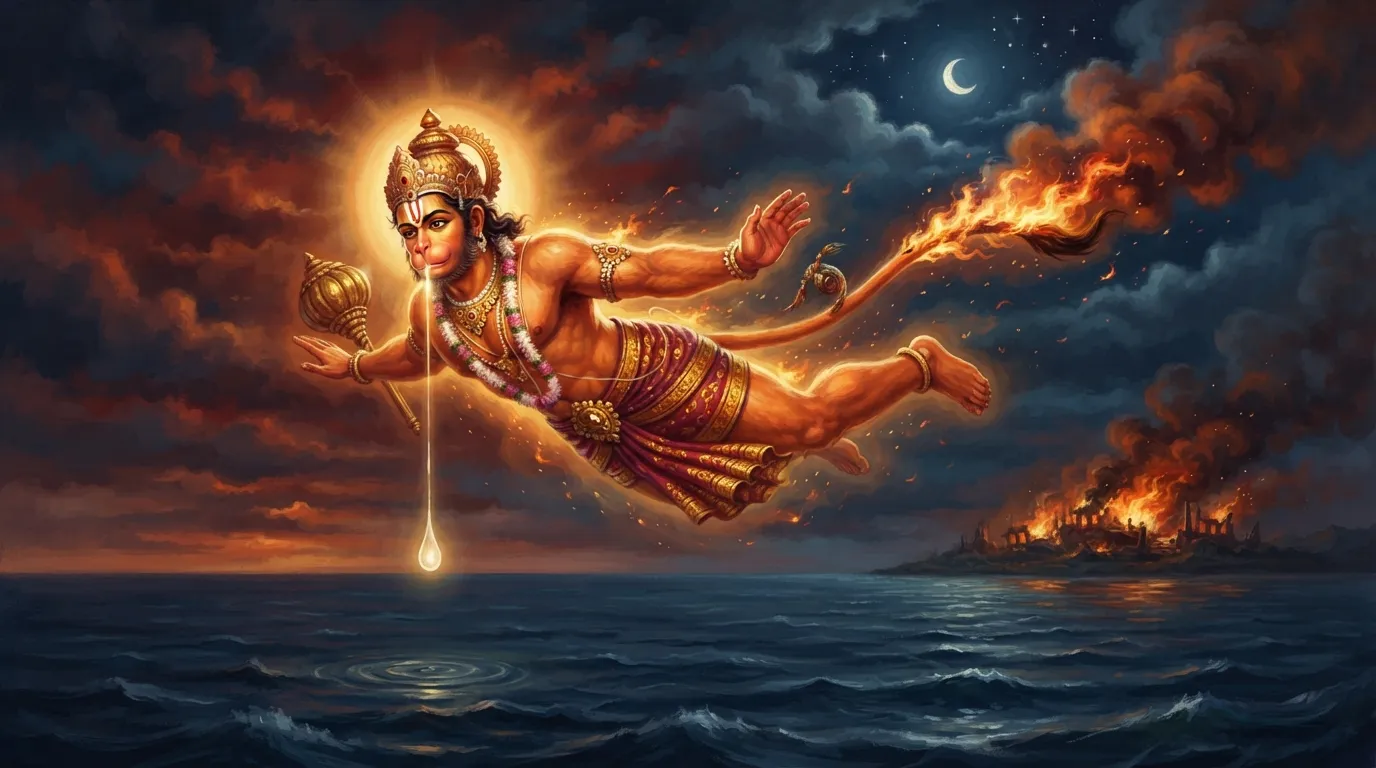 पवनपुत्र हनुमान लंका दहन के बाद समुद्र के ऊपर उड़ रहे हैं, उनकी पूँछ से धुआँ निकल रहा है और उनके माथे से पसीने की एक चमकदार बूँद नीचे समुद्र में गिर रही है।