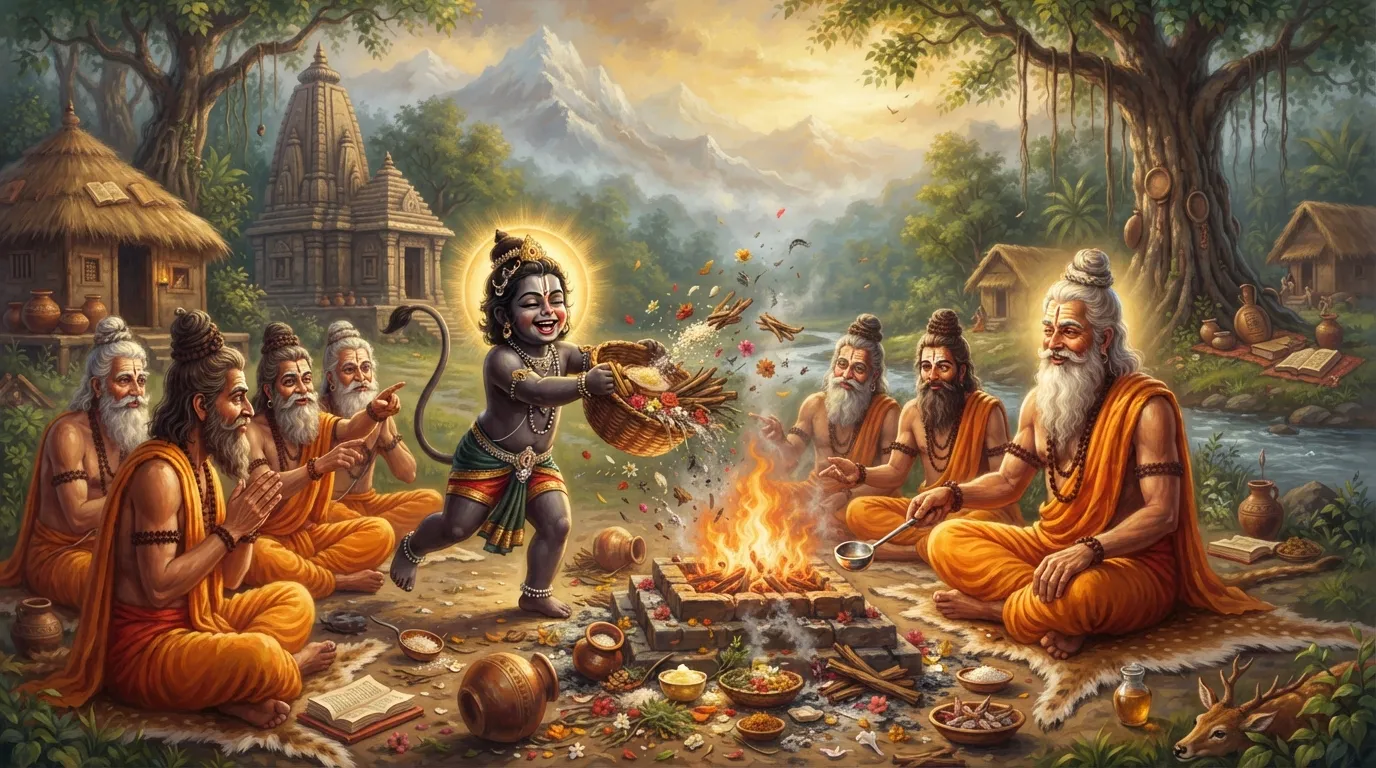 बाल हनुमान अपनी चंचलता में किसी ऋषि के आश्रम में यज्ञ की सामग्री बिखेरते हुए, ऋषिगण उन्हें स्नेह और चिंता से देख रहे हैं