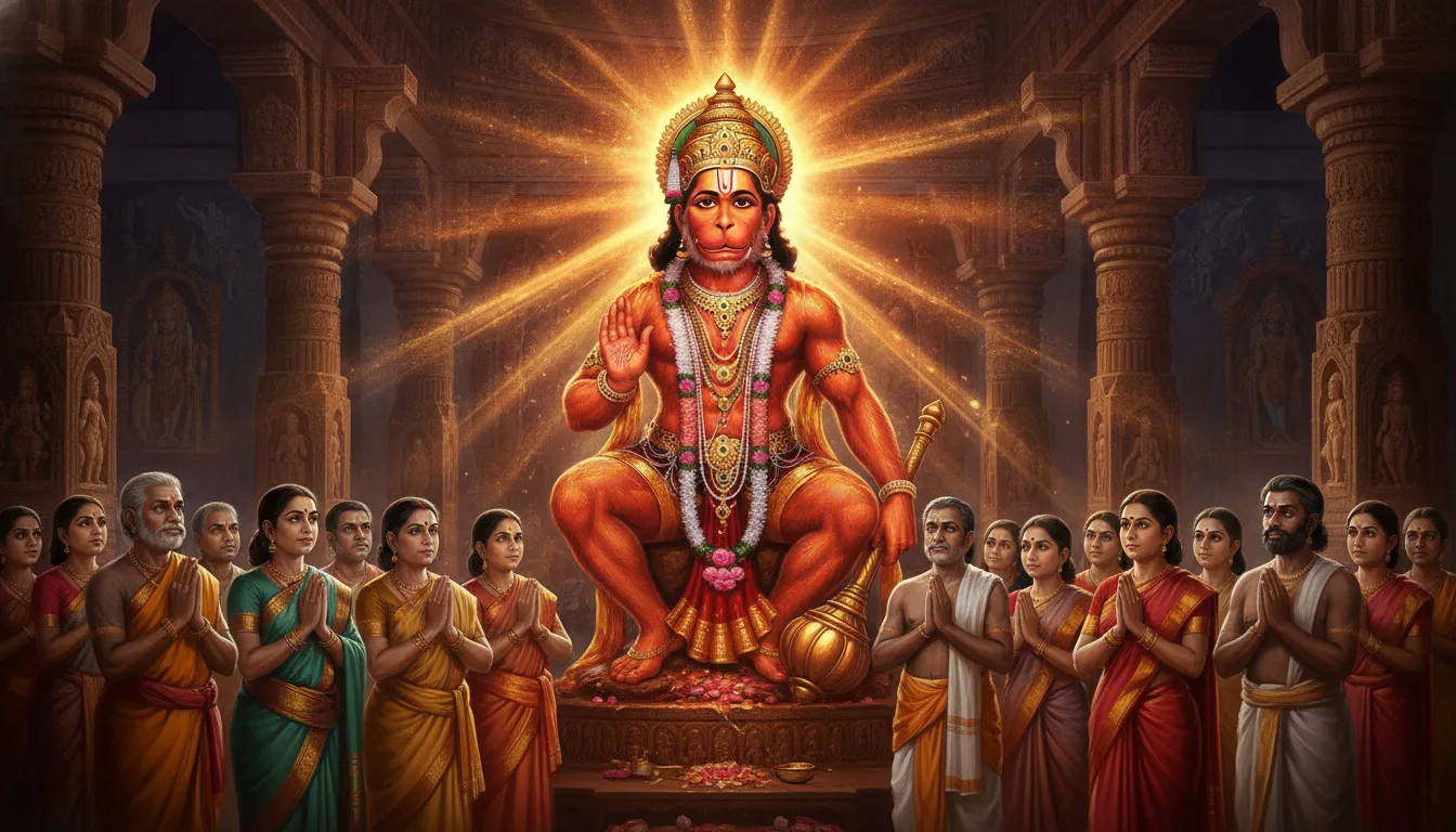 एक मंदिर में हनुमान जी की सिंदूर से ढकी, तेजस्वी मूर्ति। भक्त श्रद्धा से हाथ जोड़े खड़े हैं और मूर्ति से एक दिव्य ऊर्जा निकलती हुई महसूस हो रही है।