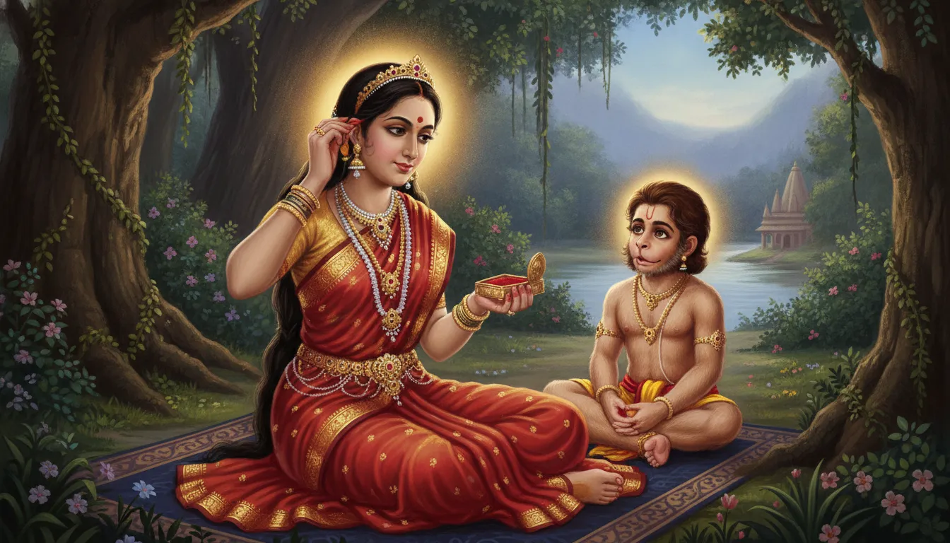 माता सीता अपनी मांग में सिंदूर लगा रही हैं और पास में बैठे बाल हनुमान जी बड़े भोलेपन और जिज्ञासा से उन्हें देख रहे हैं।