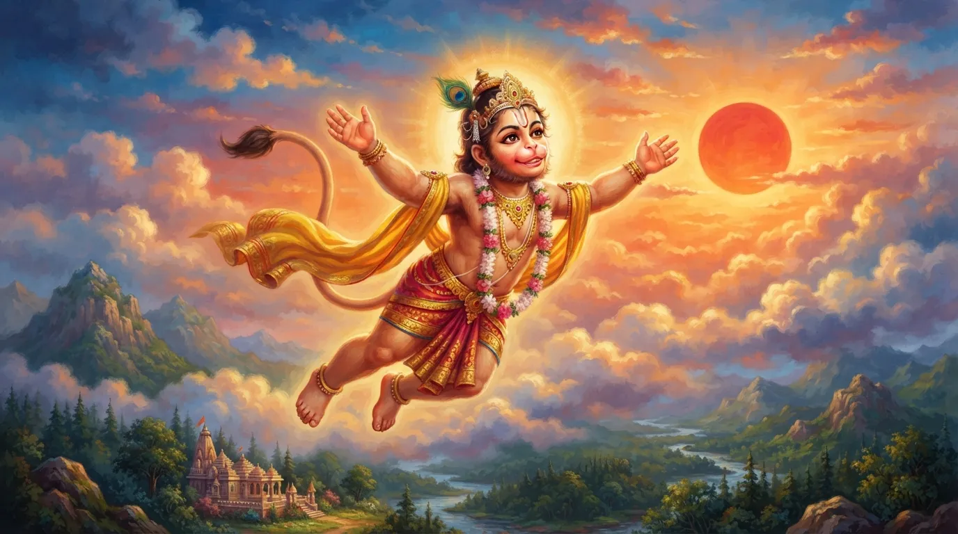 बाल हनुमान आकाश में तैरते हुए बादलों के बीच उगते हुए लाल सूर्य की ओर मुस्कुराते हुए हाथ फैलाए उड़ रहे हैं