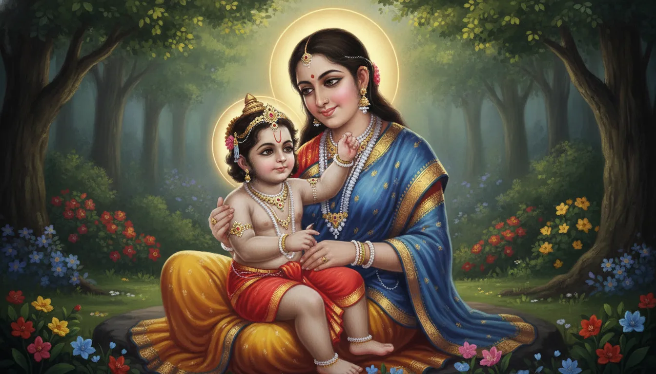 शिशु हनुमान अपनी माता अंजना की गोद में खेल रहे हैं, उनके चेहरे पर मासूमियत और हल्की सी शैतानी दिख रही है। पृष्ठभूमि में वन का शांत दृश्य है, जहाँ कुछ फूल खिले हैं।
