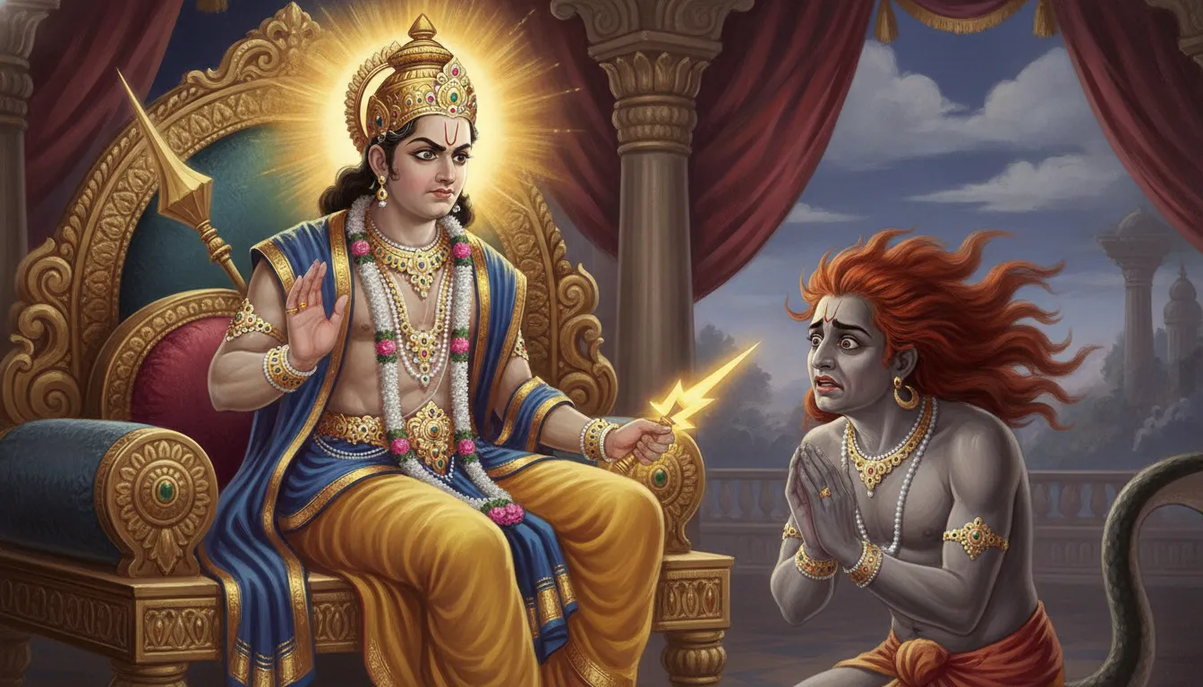 देवराज इंद्र अपने सिंहासन पर बैठे हुए क्रोधित मुद्रा में दिख रहे हैं, उनके हाथ में वज्र है। उनके सामने राहु भयभीत होकर खड़ा है।