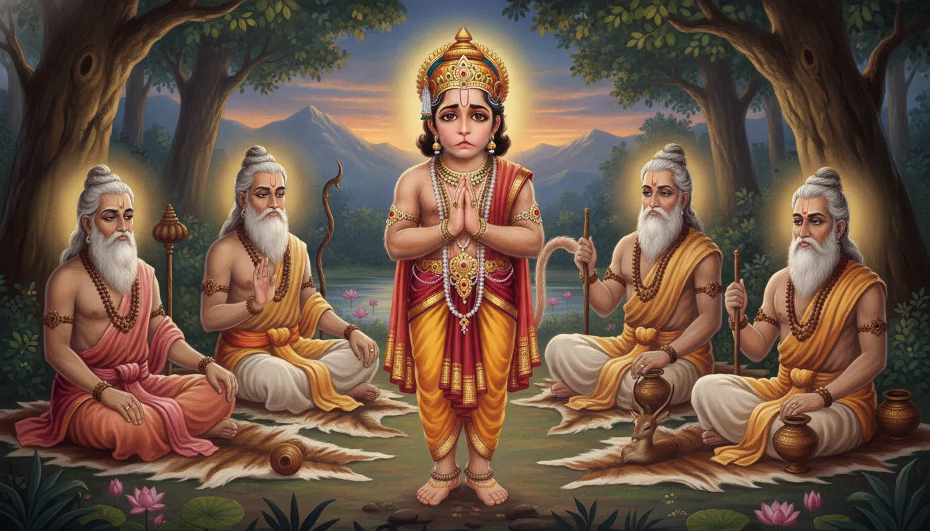 बाल हनुमान ऋषियों के सामने हाथ जोड़कर खड़े हैं, उनके चेहरे पर थोड़ी उदासी और समझदारी का भाव है। ऋषिगण उन्हें शाप दे रहे हैं लेकिन उनके चेहरे पर एक संतुलन का भाव है।