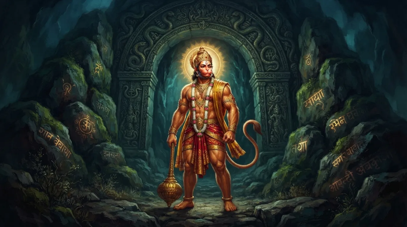 पवनपुत्र हनुमान पाताल लोक के अंधकारमय और रहस्यमयी प्रवेश द्वार पर खड़े हैं। उनकी आँखों में दृढ़ निश्चय और प्रभु राम के प्रति भक्ति का तेज है। आस-पास की चट्टानों पर अजीब चिन्ह बने हैं और माहौल गंभीर है।